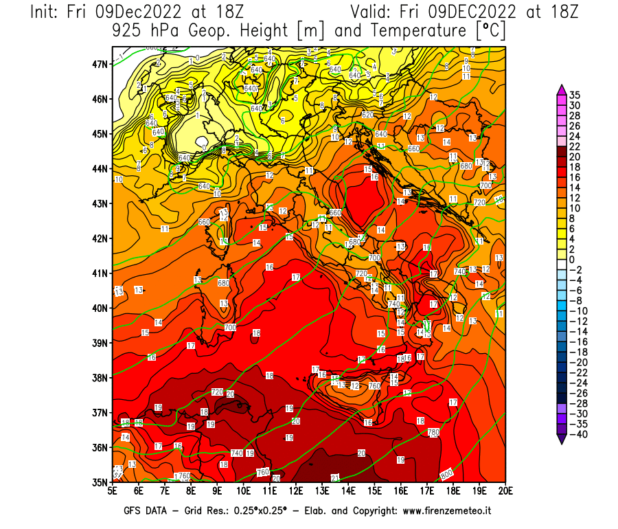 Mappa di analisi GFS - Geopotenziale [m] e Temperatura [°C] a 925 hPa in Italia
							del 09/12/2022 18 <!--googleoff: index-->UTC<!--googleon: index-->