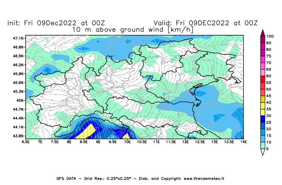 Mappa di analisi GFS - Velocità del vento a 10 metri dal suolo [km/h] in Nord-Italia
							del 09/12/2022 00 <!--googleoff: index-->UTC<!--googleon: index-->