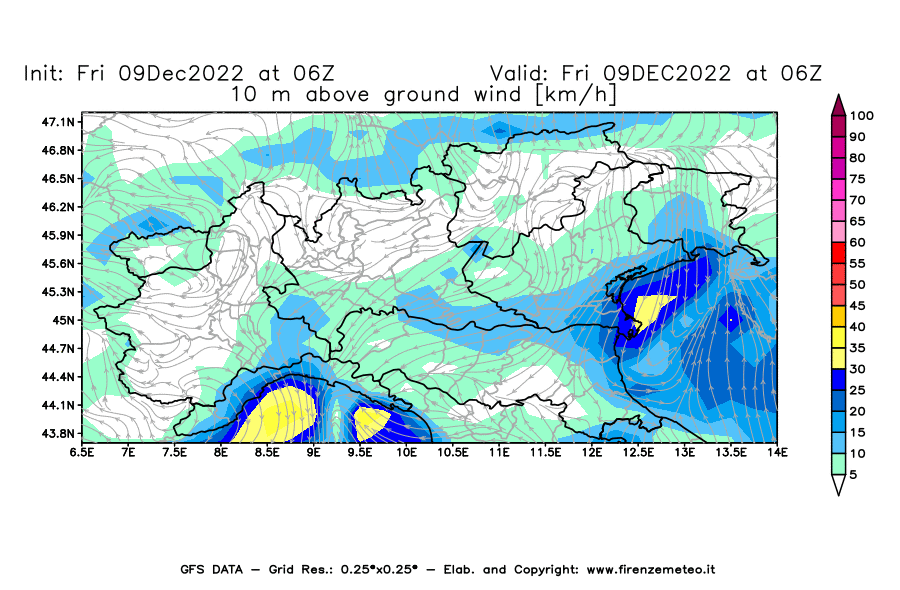 Mappa di analisi GFS - Velocità del vento a 10 metri dal suolo [km/h] in Nord-Italia
							del 09/12/2022 06 <!--googleoff: index-->UTC<!--googleon: index-->