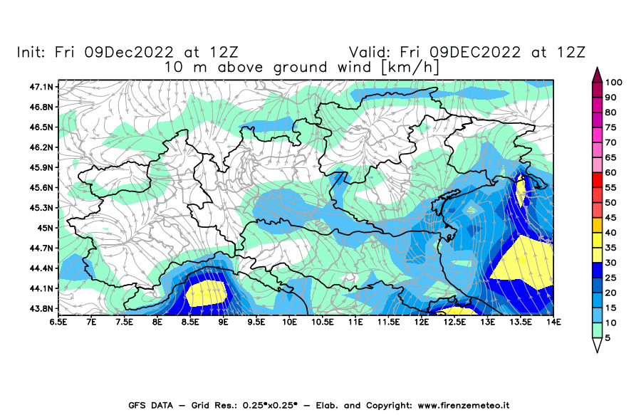 Mappa di analisi GFS - Velocità del vento a 10 metri dal suolo [km/h] in Nord-Italia
							del 09/12/2022 12 <!--googleoff: index-->UTC<!--googleon: index-->