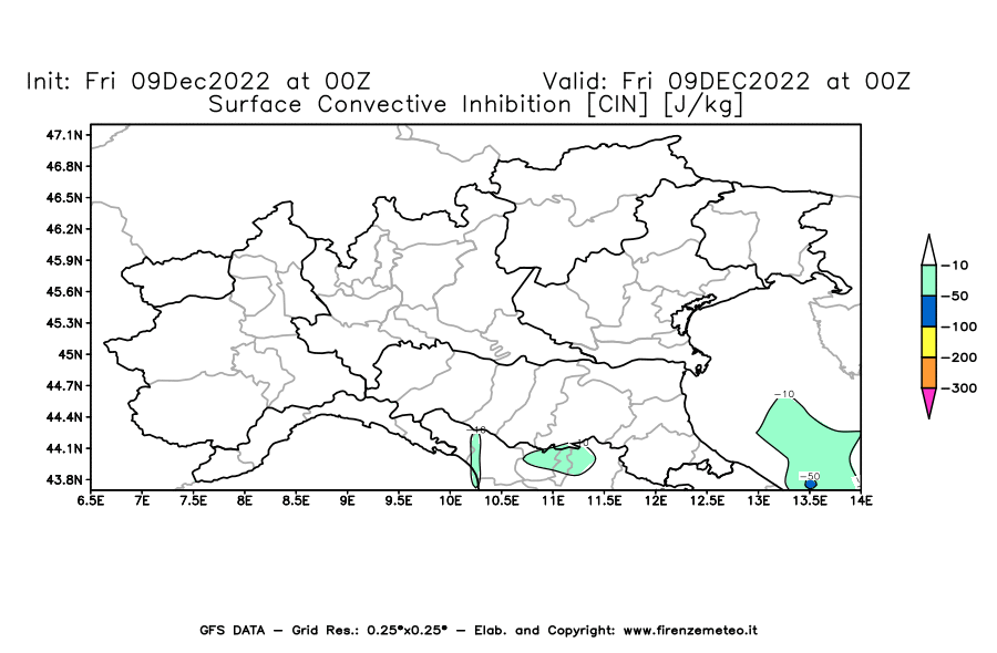 Mappa di analisi GFS - CIN [J/kg] in Nord-Italia
							del 09/12/2022 00 <!--googleoff: index-->UTC<!--googleon: index-->