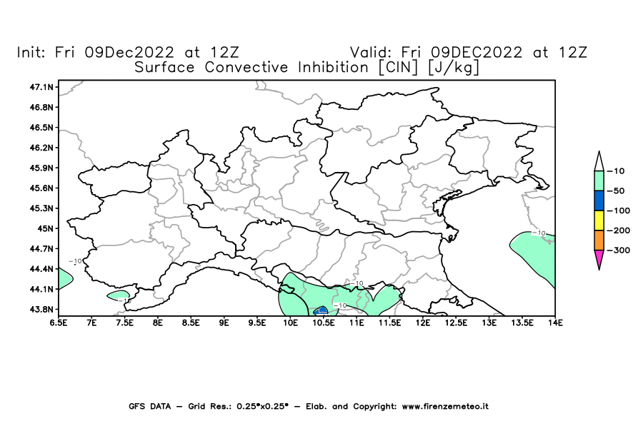 Mappa di analisi GFS - CIN [J/kg] in Nord-Italia
							del 09/12/2022 12 <!--googleoff: index-->UTC<!--googleon: index-->