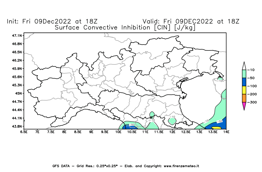 Mappa di analisi GFS - CIN [J/kg] in Nord-Italia
							del 09/12/2022 18 <!--googleoff: index-->UTC<!--googleon: index-->