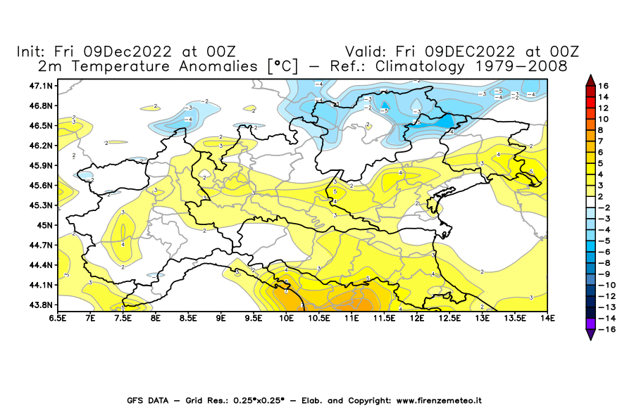 Mappa di analisi GFS - Anomalia Temperatura [°C] a 2 m in Nord-Italia
							del 09/12/2022 00 <!--googleoff: index-->UTC<!--googleon: index-->