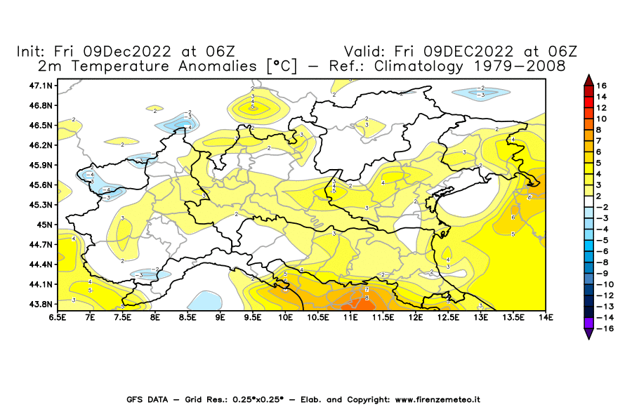 Mappa di analisi GFS - Anomalia Temperatura [°C] a 2 m in Nord-Italia
							del 09/12/2022 06 <!--googleoff: index-->UTC<!--googleon: index-->