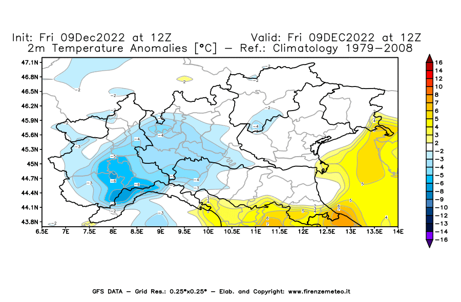 Mappa di analisi GFS - Anomalia Temperatura [°C] a 2 m in Nord-Italia
							del 09/12/2022 12 <!--googleoff: index-->UTC<!--googleon: index-->