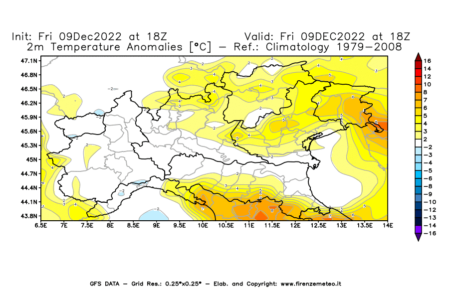 Mappa di analisi GFS - Anomalia Temperatura [°C] a 2 m in Nord-Italia
							del 09/12/2022 18 <!--googleoff: index-->UTC<!--googleon: index-->