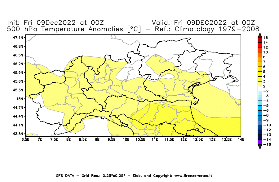 Mappa di analisi GFS - Anomalia Temperatura [°C] a 500 hPa in Nord-Italia
							del 09/12/2022 00 <!--googleoff: index-->UTC<!--googleon: index-->