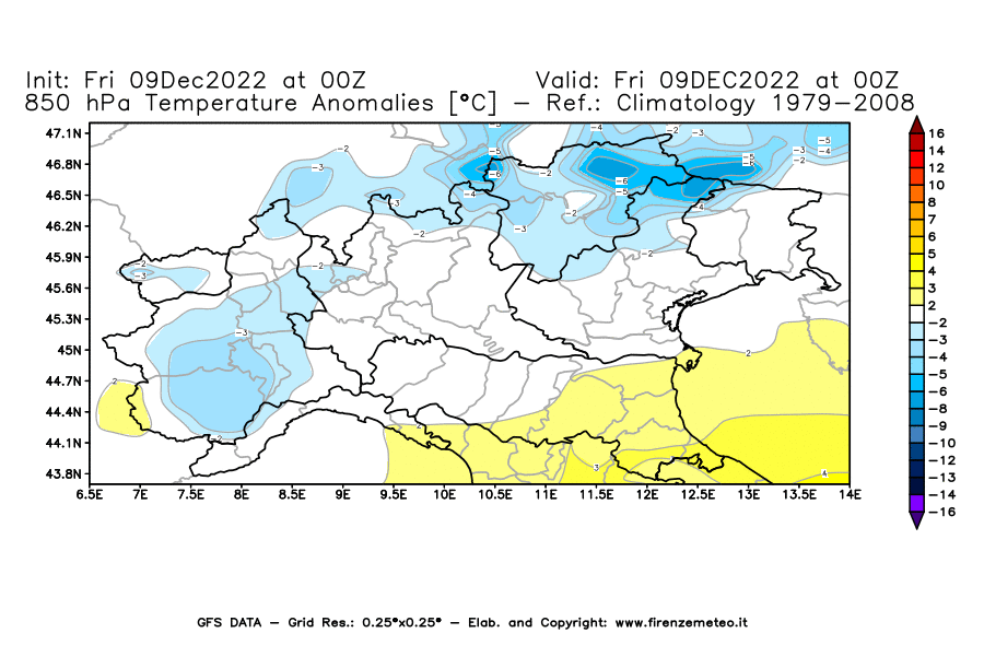 Mappa di analisi GFS - Anomalia Temperatura [°C] a 850 hPa in Nord-Italia
							del 09/12/2022 00 <!--googleoff: index-->UTC<!--googleon: index-->