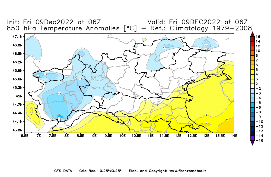 Mappa di analisi GFS - Anomalia Temperatura [°C] a 850 hPa in Nord-Italia
							del 09/12/2022 06 <!--googleoff: index-->UTC<!--googleon: index-->