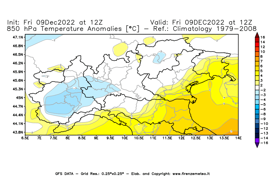 Mappa di analisi GFS - Anomalia Temperatura [°C] a 850 hPa in Nord-Italia
							del 09/12/2022 12 <!--googleoff: index-->UTC<!--googleon: index-->