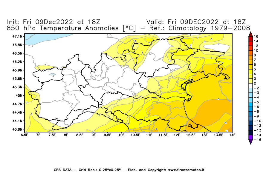 Mappa di analisi GFS - Anomalia Temperatura [°C] a 850 hPa in Nord-Italia
							del 09/12/2022 18 <!--googleoff: index-->UTC<!--googleon: index-->