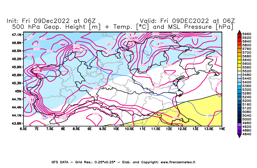 Mappa di analisi GFS - Geopotenziale [m] + Temp. [°C] a 500 hPa + Press. a livello del mare [hPa] in Nord-Italia
							del 09/12/2022 06 <!--googleoff: index-->UTC<!--googleon: index-->