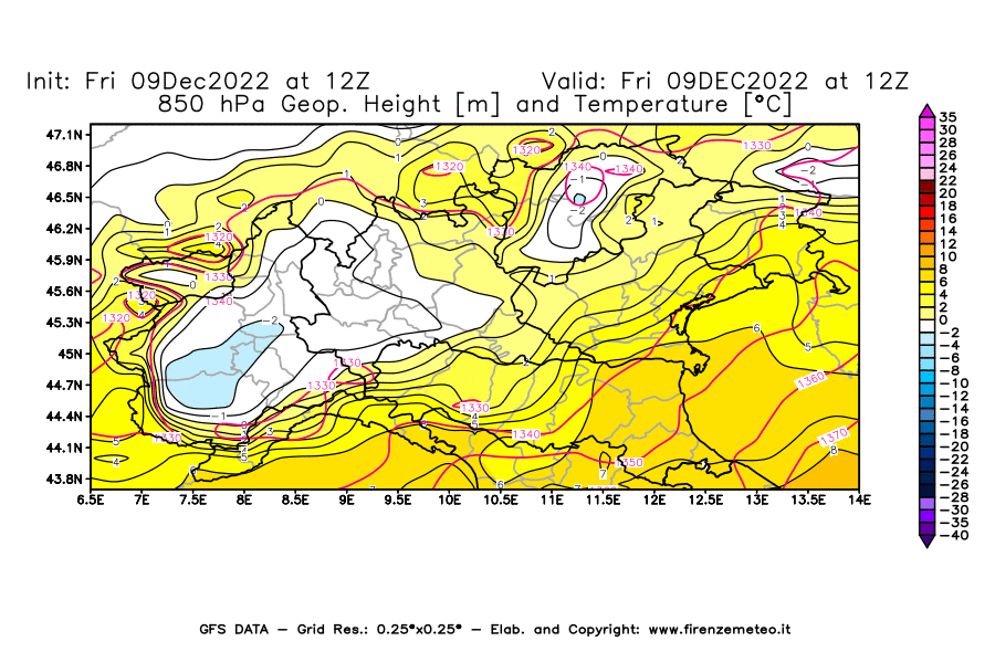 Mappa di analisi GFS - Geopotenziale [m] e Temperatura [°C] a 850 hPa in Nord-Italia
							del 09/12/2022 12 <!--googleoff: index-->UTC<!--googleon: index-->