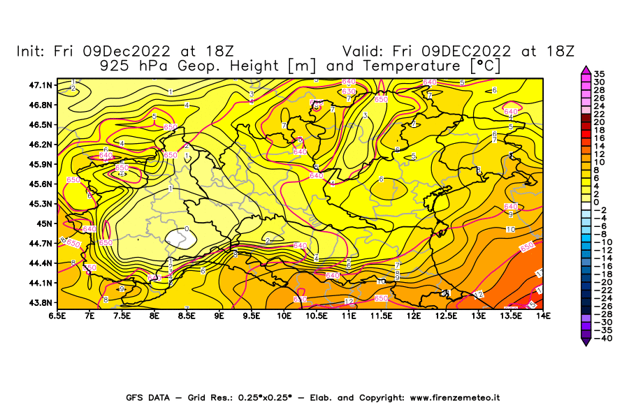 Mappa di analisi GFS - Geopotenziale [m] e Temperatura [°C] a 925 hPa in Nord-Italia
							del 09/12/2022 18 <!--googleoff: index-->UTC<!--googleon: index-->
