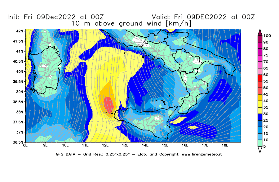 Mappa di analisi GFS - Velocità del vento a 10 metri dal suolo [km/h] in Sud-Italia
							del 09/12/2022 00 <!--googleoff: index-->UTC<!--googleon: index-->