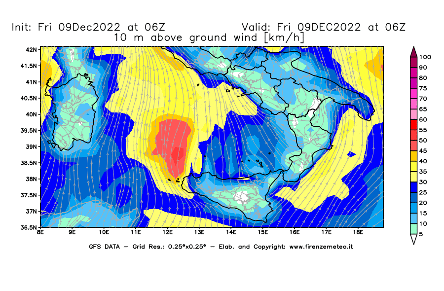 Mappa di analisi GFS - Velocità del vento a 10 metri dal suolo [km/h] in Sud-Italia
							del 09/12/2022 06 <!--googleoff: index-->UTC<!--googleon: index-->