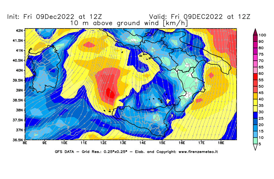 Mappa di analisi GFS - Velocità del vento a 10 metri dal suolo [km/h] in Sud-Italia
							del 09/12/2022 12 <!--googleoff: index-->UTC<!--googleon: index-->