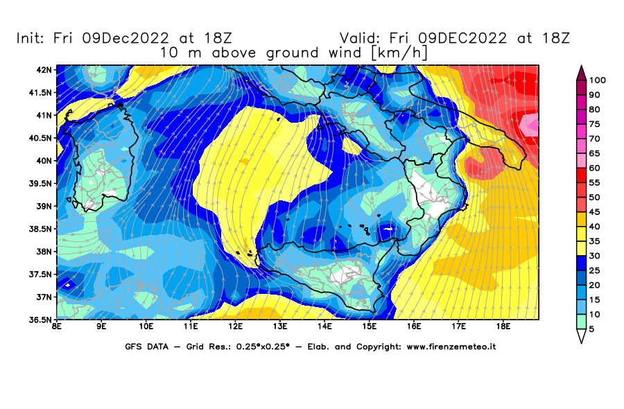 Mappa di analisi GFS - Velocità del vento a 10 metri dal suolo [km/h] in Sud-Italia
							del 09/12/2022 18 <!--googleoff: index-->UTC<!--googleon: index-->