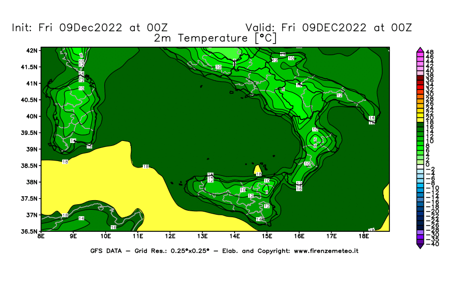 Mappa di analisi GFS - Temperatura a 2 metri dal suolo [°C] in Sud-Italia
							del 09/12/2022 00 <!--googleoff: index-->UTC<!--googleon: index-->