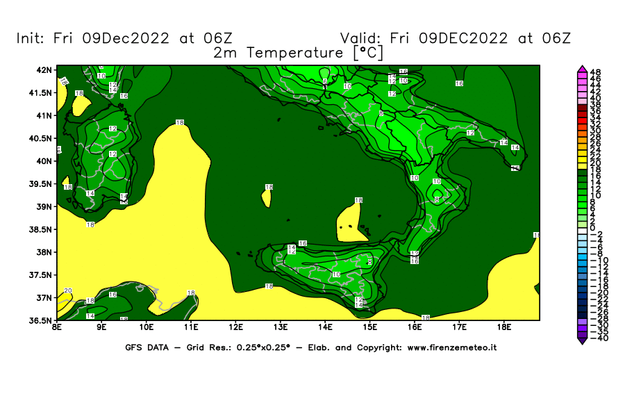 Mappa di analisi GFS - Temperatura a 2 metri dal suolo [°C] in Sud-Italia
							del 09/12/2022 06 <!--googleoff: index-->UTC<!--googleon: index-->