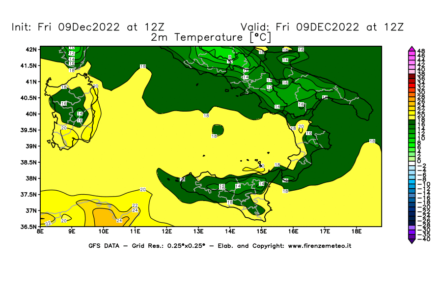 Mappa di analisi GFS - Temperatura a 2 metri dal suolo [°C] in Sud-Italia
							del 09/12/2022 12 <!--googleoff: index-->UTC<!--googleon: index-->
