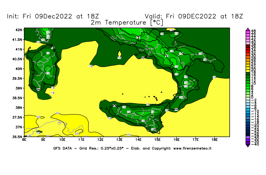 Mappa di analisi GFS - Temperatura a 2 metri dal suolo [°C] in Sud-Italia
							del 09/12/2022 18 <!--googleoff: index-->UTC<!--googleon: index-->