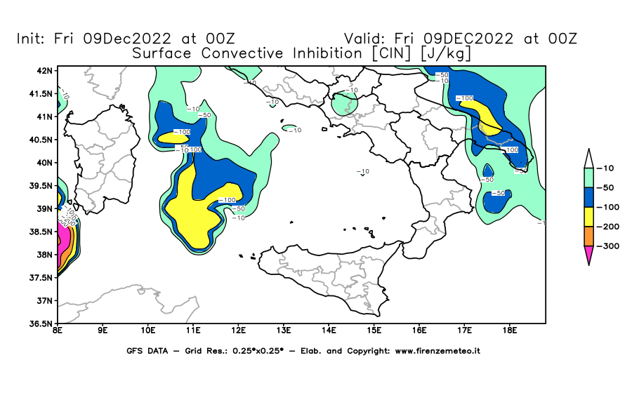 Mappa di analisi GFS - CIN [J/kg] in Sud-Italia
							del 09/12/2022 00 <!--googleoff: index-->UTC<!--googleon: index-->