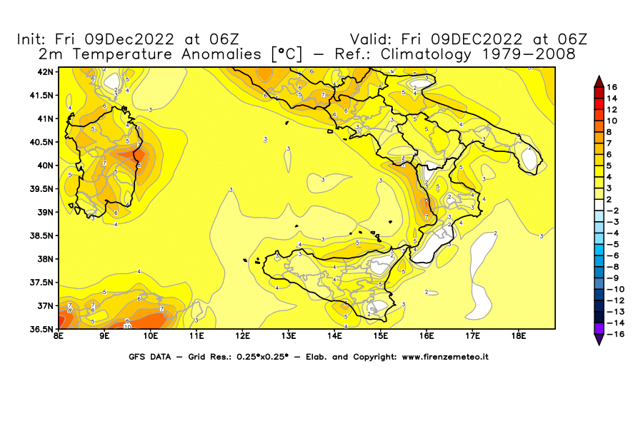 Mappa di analisi GFS - Anomalia Temperatura [°C] a 2 m in Sud-Italia
							del 09/12/2022 06 <!--googleoff: index-->UTC<!--googleon: index-->