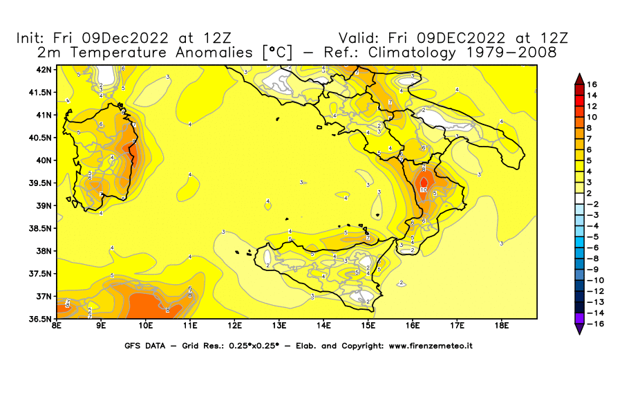 Mappa di analisi GFS - Anomalia Temperatura [°C] a 2 m in Sud-Italia
							del 09/12/2022 12 <!--googleoff: index-->UTC<!--googleon: index-->