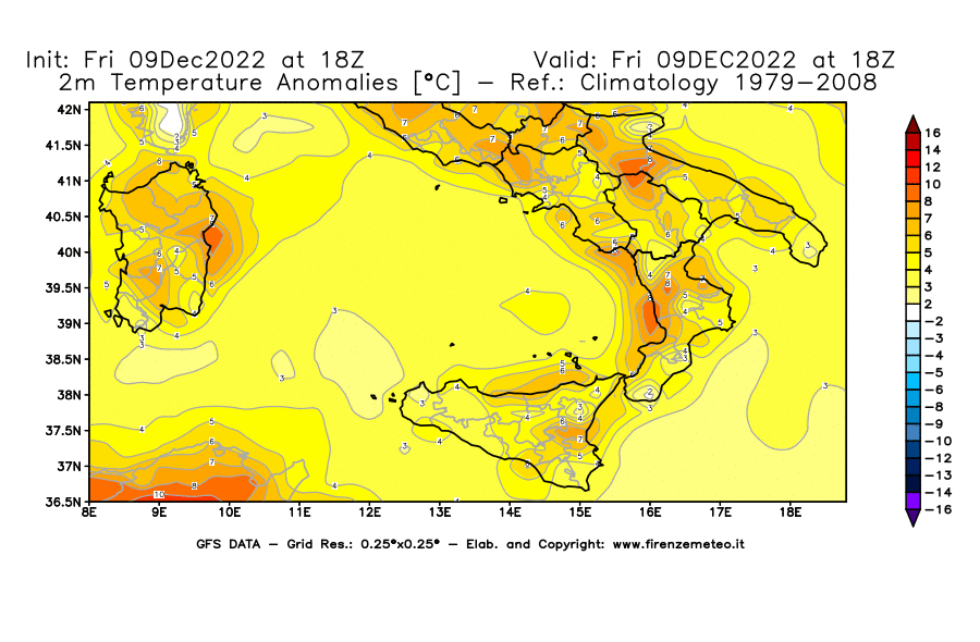 Mappa di analisi GFS - Anomalia Temperatura [°C] a 2 m in Sud-Italia
							del 09/12/2022 18 <!--googleoff: index-->UTC<!--googleon: index-->