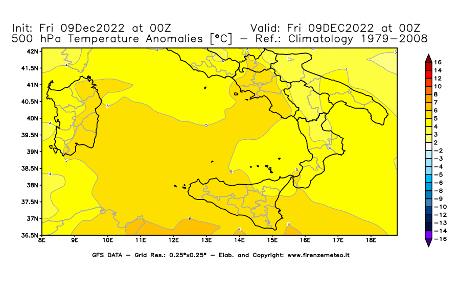 Mappa di analisi GFS - Anomalia Temperatura [°C] a 500 hPa in Sud-Italia
							del 09/12/2022 00 <!--googleoff: index-->UTC<!--googleon: index-->