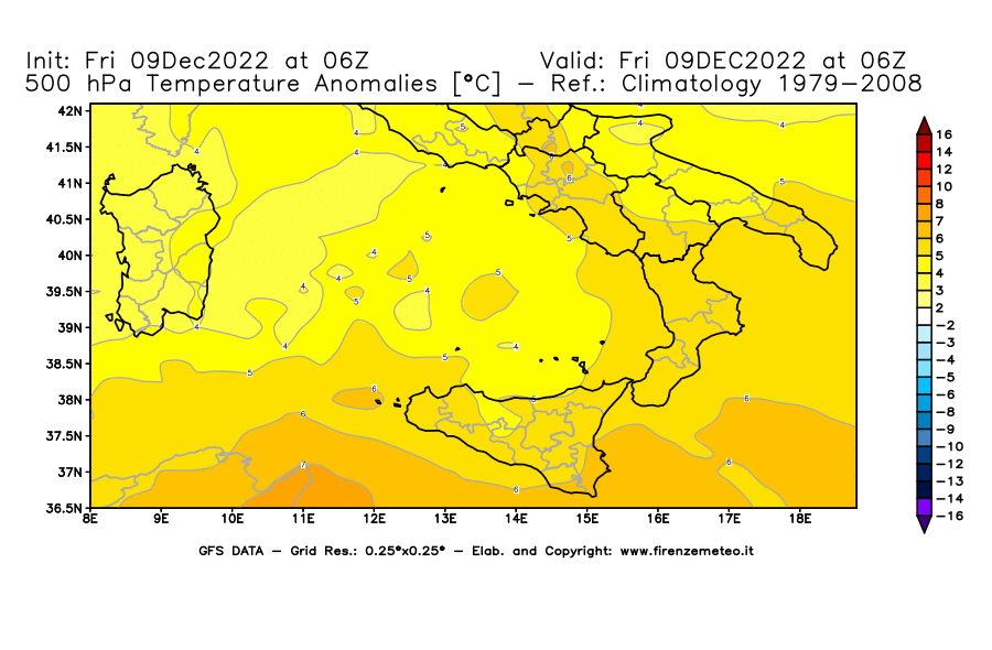 Mappa di analisi GFS - Anomalia Temperatura [°C] a 500 hPa in Sud-Italia
							del 09/12/2022 06 <!--googleoff: index-->UTC<!--googleon: index-->