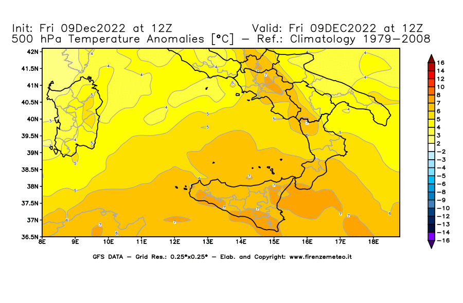 Mappa di analisi GFS - Anomalia Temperatura [°C] a 500 hPa in Sud-Italia
							del 09/12/2022 12 <!--googleoff: index-->UTC<!--googleon: index-->