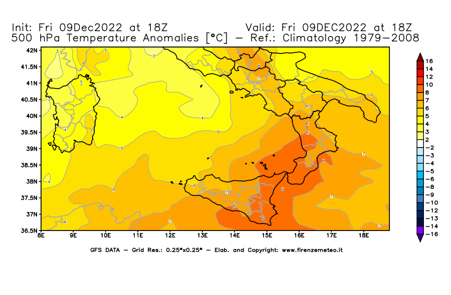 Mappa di analisi GFS - Anomalia Temperatura [°C] a 500 hPa in Sud-Italia
							del 09/12/2022 18 <!--googleoff: index-->UTC<!--googleon: index-->