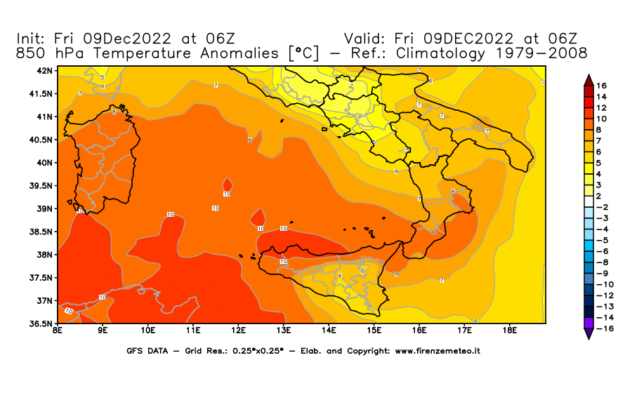 Mappa di analisi GFS - Anomalia Temperatura [°C] a 850 hPa in Sud-Italia
							del 09/12/2022 06 <!--googleoff: index-->UTC<!--googleon: index-->
