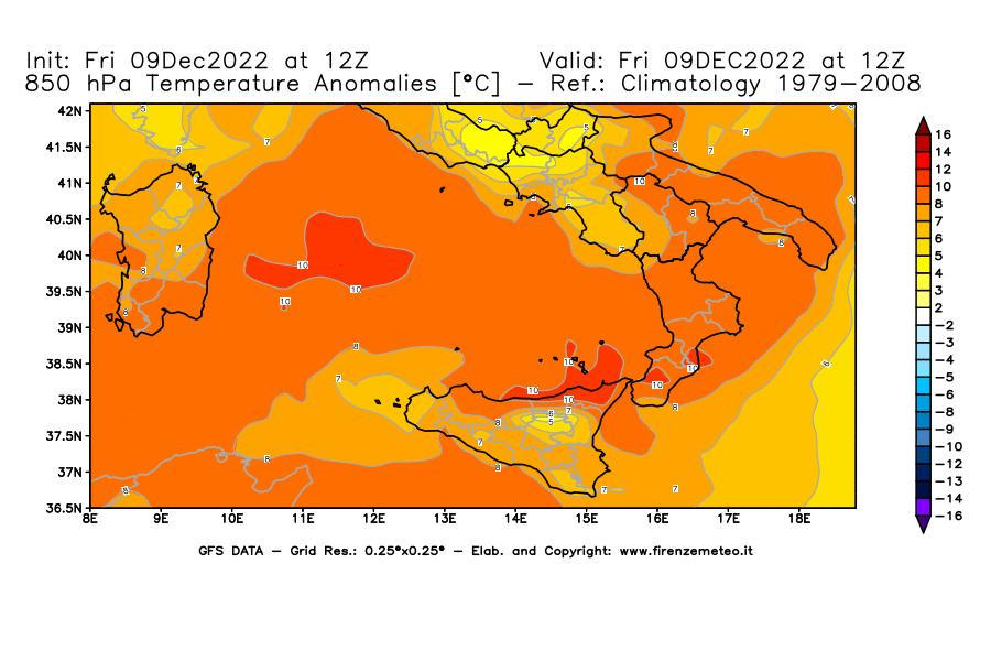 Mappa di analisi GFS - Anomalia Temperatura [°C] a 850 hPa in Sud-Italia
							del 09/12/2022 12 <!--googleoff: index-->UTC<!--googleon: index-->