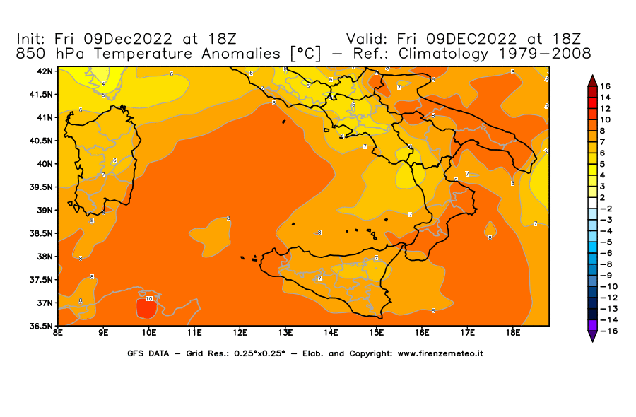 Mappa di analisi GFS - Anomalia Temperatura [°C] a 850 hPa in Sud-Italia
							del 09/12/2022 18 <!--googleoff: index-->UTC<!--googleon: index-->