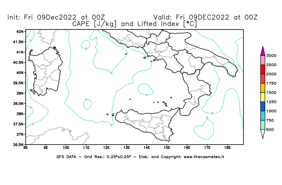Mappa di analisi GFS - CAPE [J/kg] e Lifted Index [°C] in Sud-Italia
							del 09/12/2022 00 <!--googleoff: index-->UTC<!--googleon: index-->