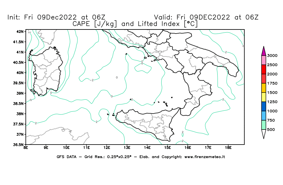 Mappa di analisi GFS - CAPE [J/kg] e Lifted Index [°C] in Sud-Italia
							del 09/12/2022 06 <!--googleoff: index-->UTC<!--googleon: index-->