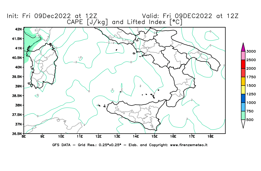 Mappa di analisi GFS - CAPE [J/kg] e Lifted Index [°C] in Sud-Italia
							del 09/12/2022 12 <!--googleoff: index-->UTC<!--googleon: index-->