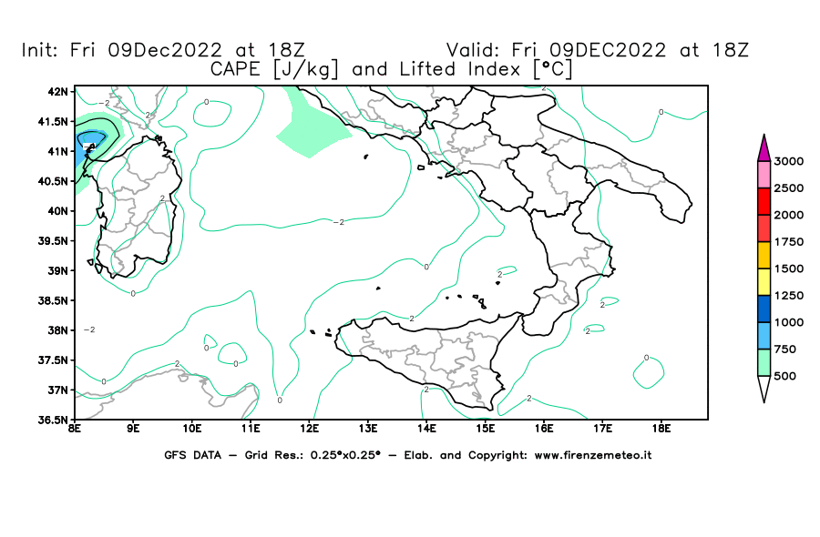 Mappa di analisi GFS - CAPE [J/kg] e Lifted Index [°C] in Sud-Italia
							del 09/12/2022 18 <!--googleoff: index-->UTC<!--googleon: index-->