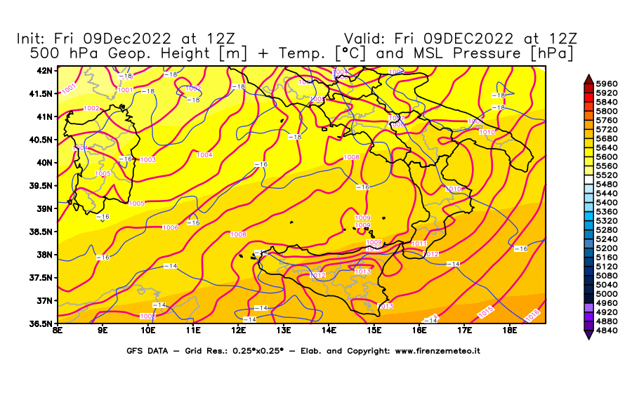 Mappa di analisi GFS - Geopotenziale [m] + Temp. [°C] a 500 hPa + Press. a livello del mare [hPa] in Sud-Italia
							del 09/12/2022 12 <!--googleoff: index-->UTC<!--googleon: index-->