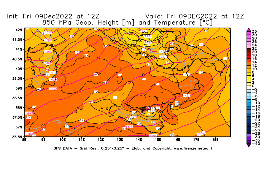Mappa di analisi GFS - Geopotenziale [m] e Temperatura [°C] a 850 hPa in Sud-Italia
							del 09/12/2022 12 <!--googleoff: index-->UTC<!--googleon: index-->