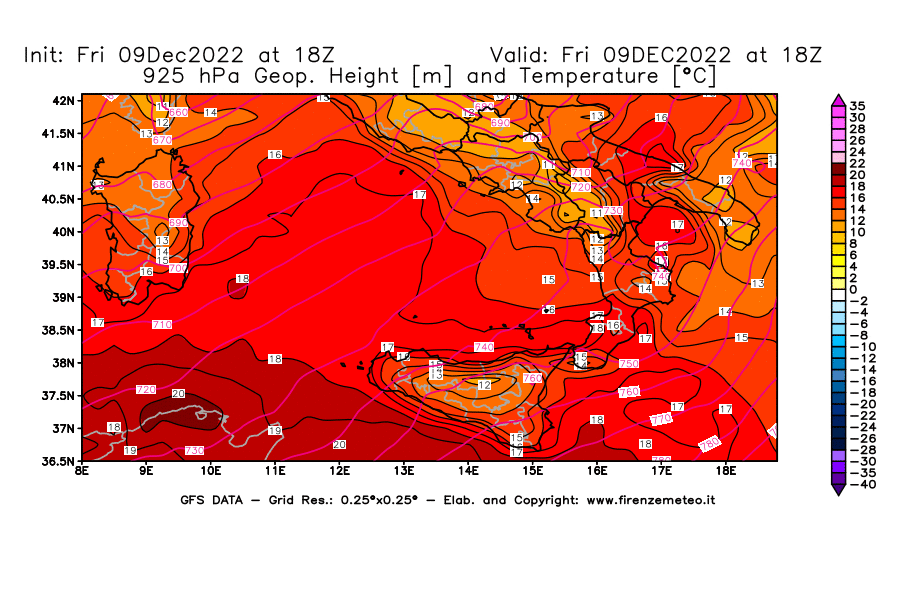 Mappa di analisi GFS - Geopotenziale [m] e Temperatura [°C] a 925 hPa in Sud-Italia
							del 09/12/2022 18 <!--googleoff: index-->UTC<!--googleon: index-->