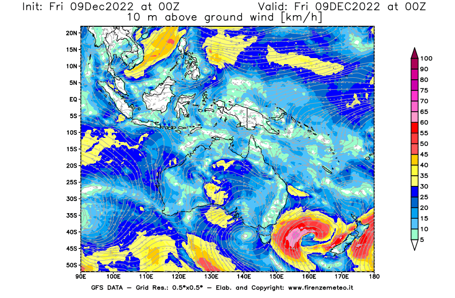 Mappa di analisi GFS - Velocità del vento a 10 metri dal suolo [km/h] in Oceania
							del 09/12/2022 00 <!--googleoff: index-->UTC<!--googleon: index-->