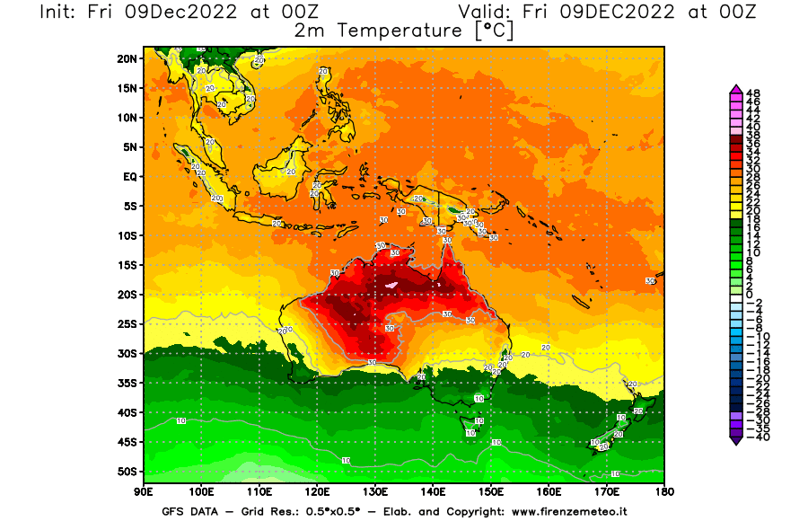 Mappa di analisi GFS - Temperatura a 2 metri dal suolo [°C] in Oceania
							del 09/12/2022 00 <!--googleoff: index-->UTC<!--googleon: index-->
