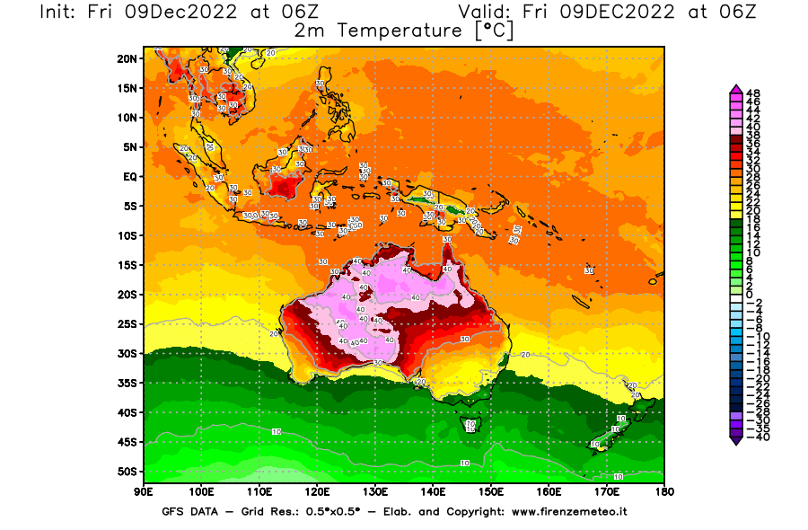 Mappa di analisi GFS - Temperatura a 2 metri dal suolo [°C] in Oceania
							del 09/12/2022 06 <!--googleoff: index-->UTC<!--googleon: index-->