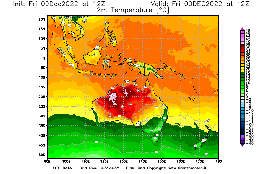 Mappa di analisi GFS - Temperatura a 2 metri dal suolo [°C] in Oceania
							del 09/12/2022 12 <!--googleoff: index-->UTC<!--googleon: index-->