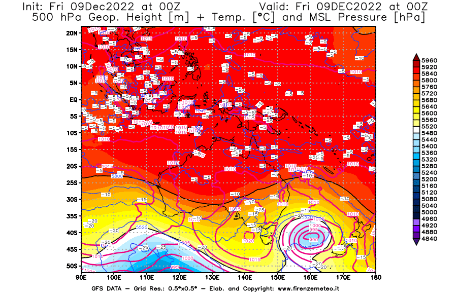 Mappa di analisi GFS - Geopotenziale [m] + Temp. [°C] a 500 hPa + Press. a livello del mare [hPa] in Oceania
							del 09/12/2022 00 <!--googleoff: index-->UTC<!--googleon: index-->